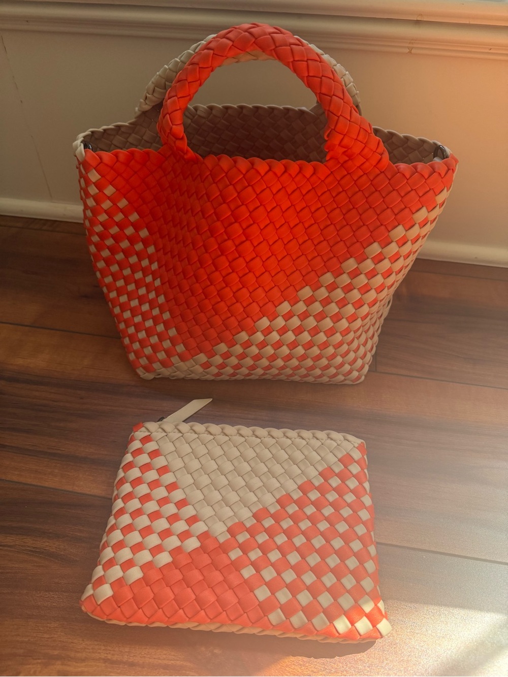 Naghedi St. Barths Small Woven Neoprene Tote Bag + Pouch Orange Beige